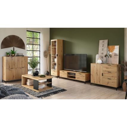 Salontafel LORA 110x60 cm met geïntegreerde plank en ruime opbergruimte, eiken artisan/zwart