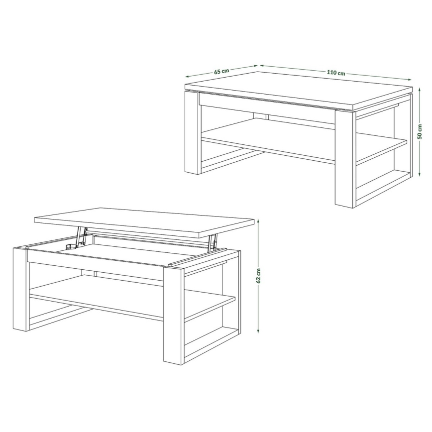 Salontafel met opklapbaar blad en plank NEA craft eiken/zwart