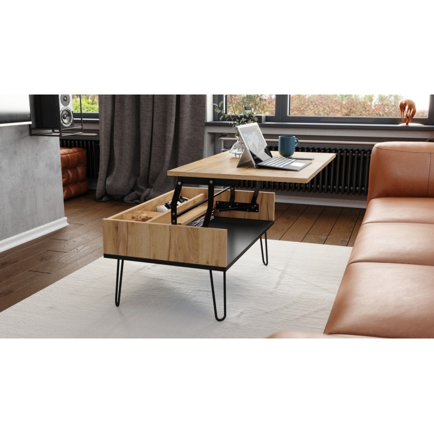 Salontafel met opklapbaar bovenblad en plank HALIJA eiken/zwart
