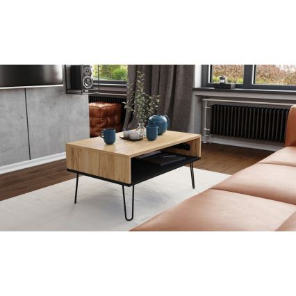 Salontafel met opklapbaar bovenblad en plank HALIJA eiken/zwart