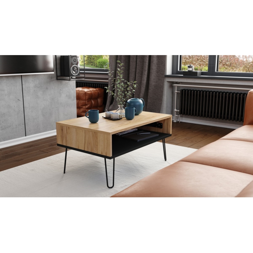 Salontafel met opklapbaar bovenblad en plank HALIJA eiken/zwart