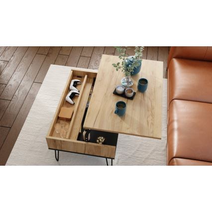 Salontafel met opklapbaar bovenblad en plank HALIJA eiken/zwart