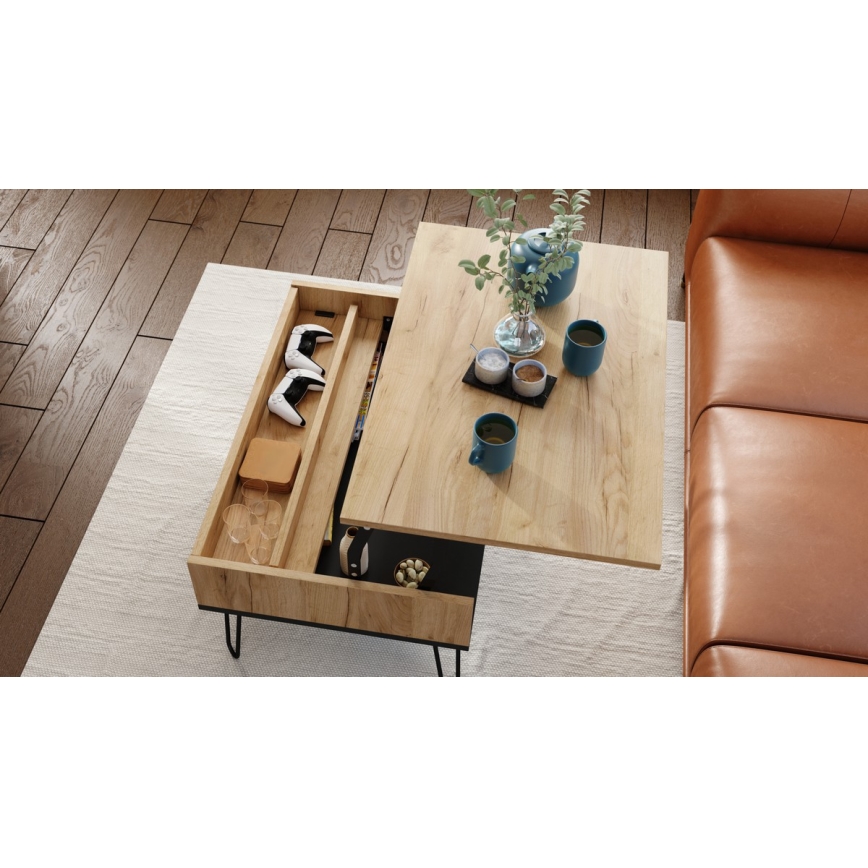 Salontafel met opklapbaar bovenblad en plank HALIJA eiken/zwart