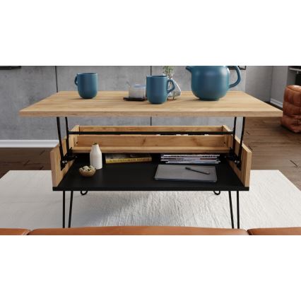 Salontafel met opklapbaar bovenblad en plank HALIJA eiken/zwart