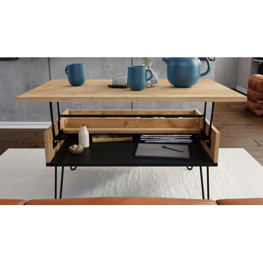 Salontafel met opklapbaar bovenblad en plank HALIJA eiken/zwart