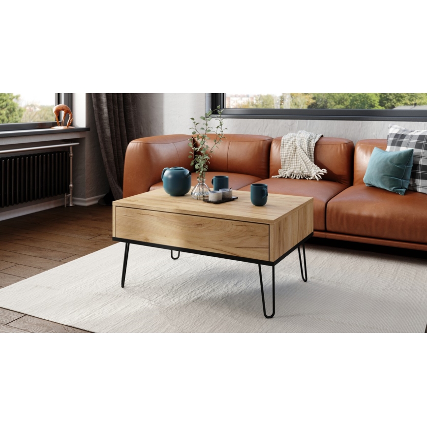 Salontafel met opklapbaar bovenblad en plank HALIJA eiken/zwart