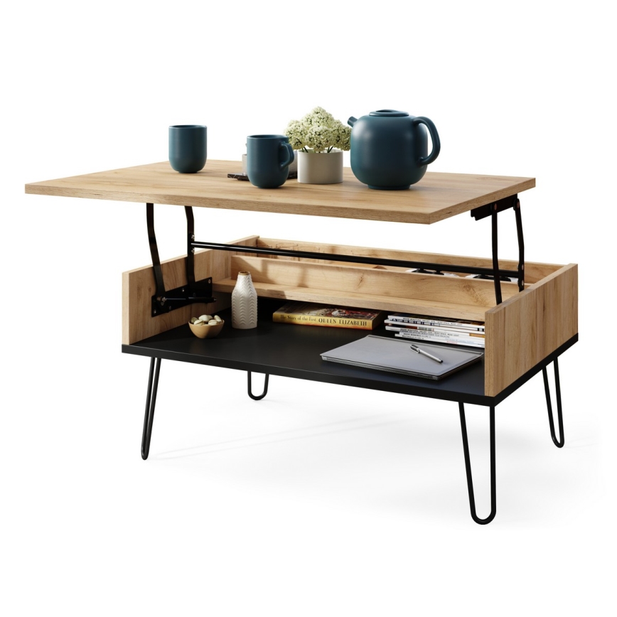 Salontafel met opklapbaar bovenblad en plank HALIJA eiken/zwart