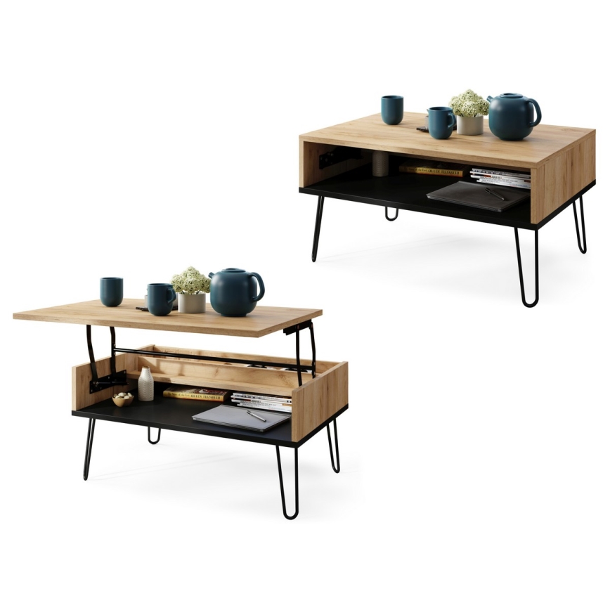 Salontafel met opklapbaar bovenblad en plank HALIJA eiken/zwart
