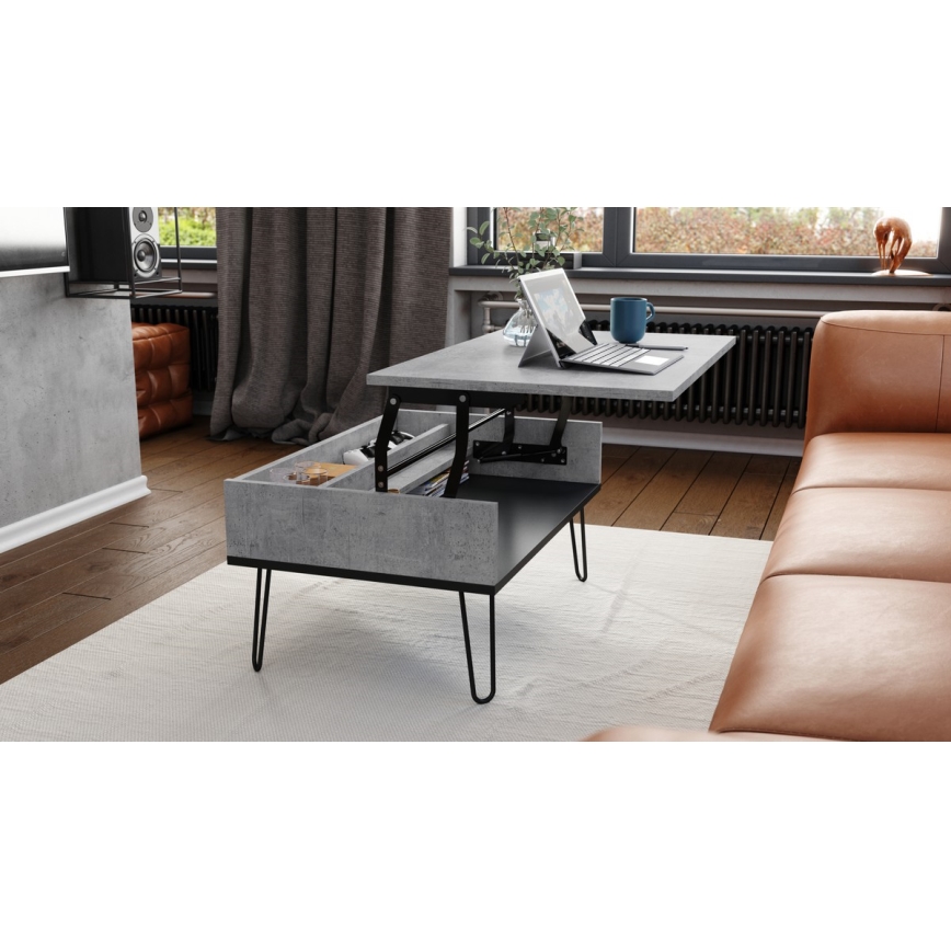 Salontafel met opklapbaar bovenblad en plank HALIJA grijs/zwart