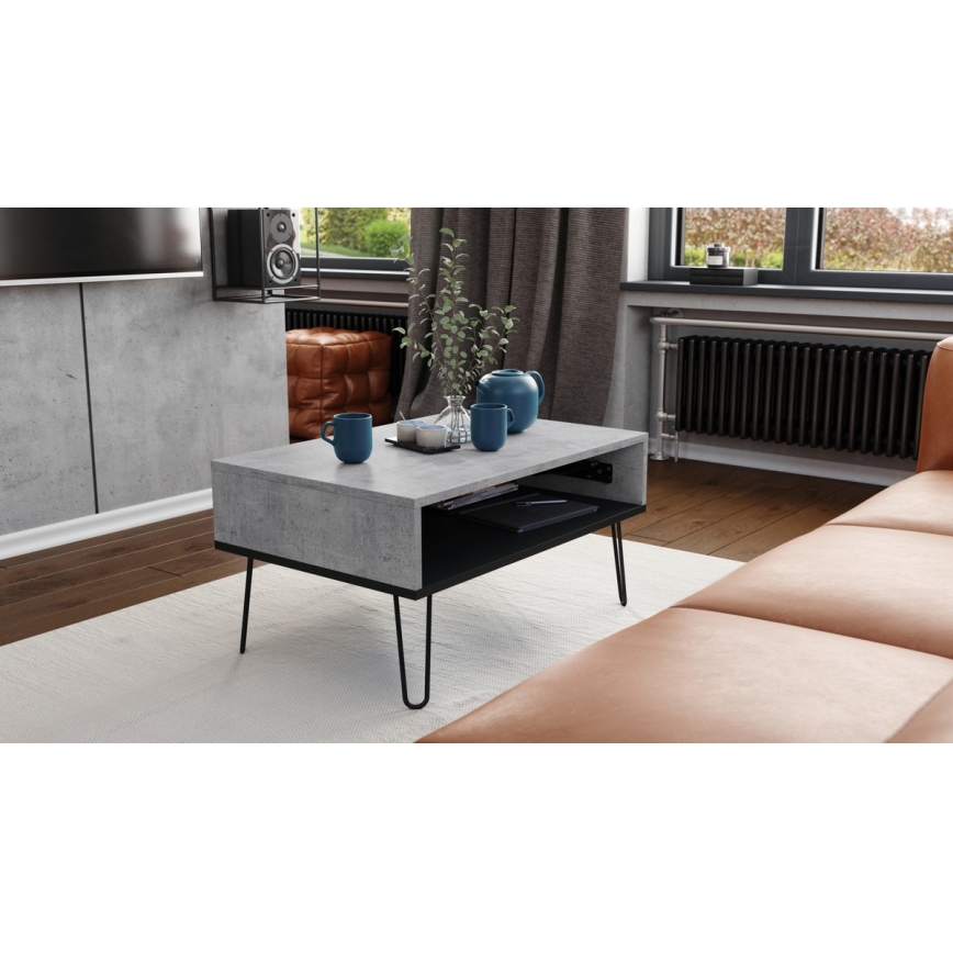 Salontafel met opklapbaar bovenblad en plank HALIJA grijs/zwart