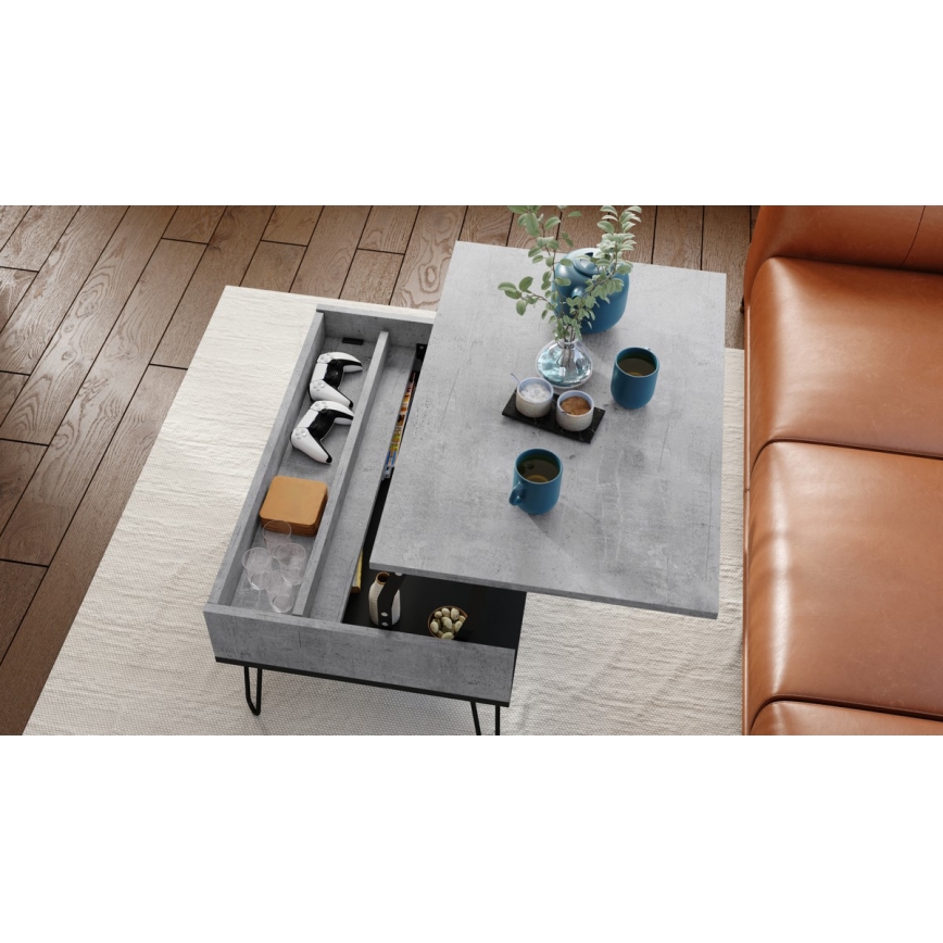 Salontafel met opklapbaar bovenblad en plank HALIJA grijs/zwart