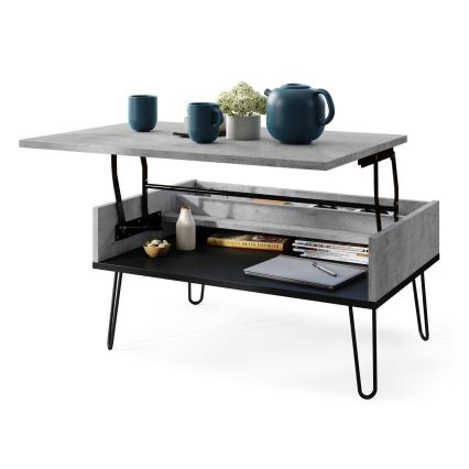Salontafel met opklapbaar bovenblad en plank HALIJA grijs/zwart