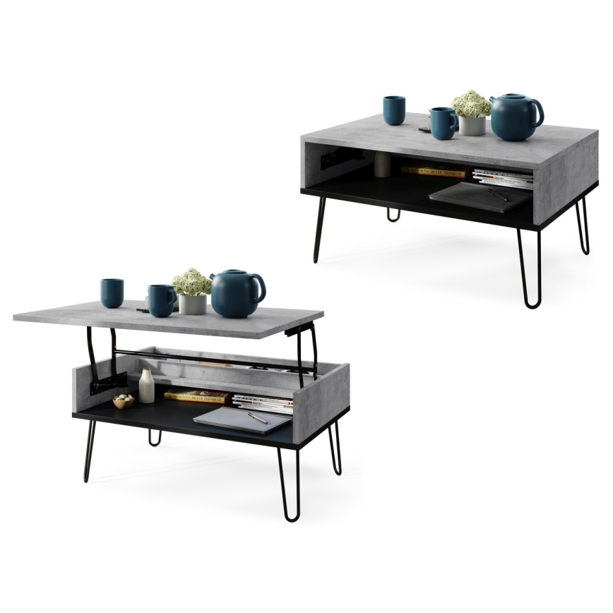 Salontafel met opklapbaar bovenblad en plank HALIJA grijs/zwart