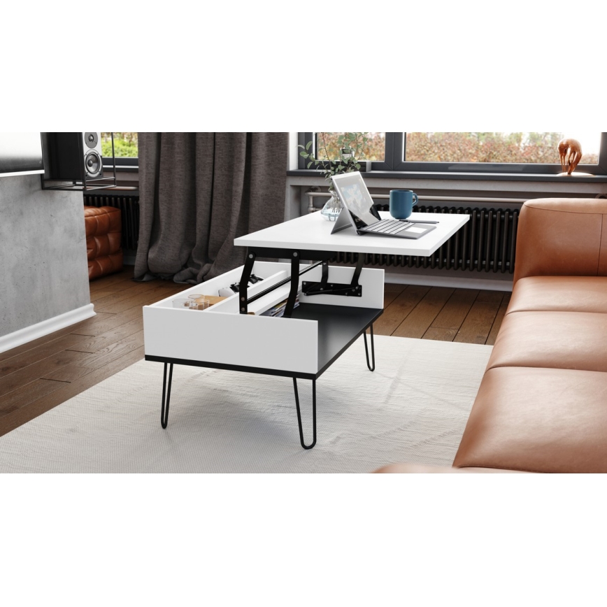 Salontafel met opklapbaar bovenblad en plank HALIJA wit/zwart