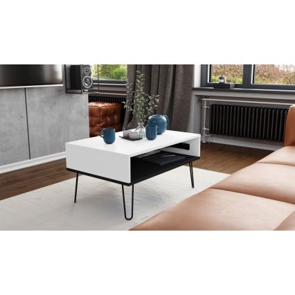 Salontafel met opklapbaar bovenblad en plank HALIJA wit/zwart
