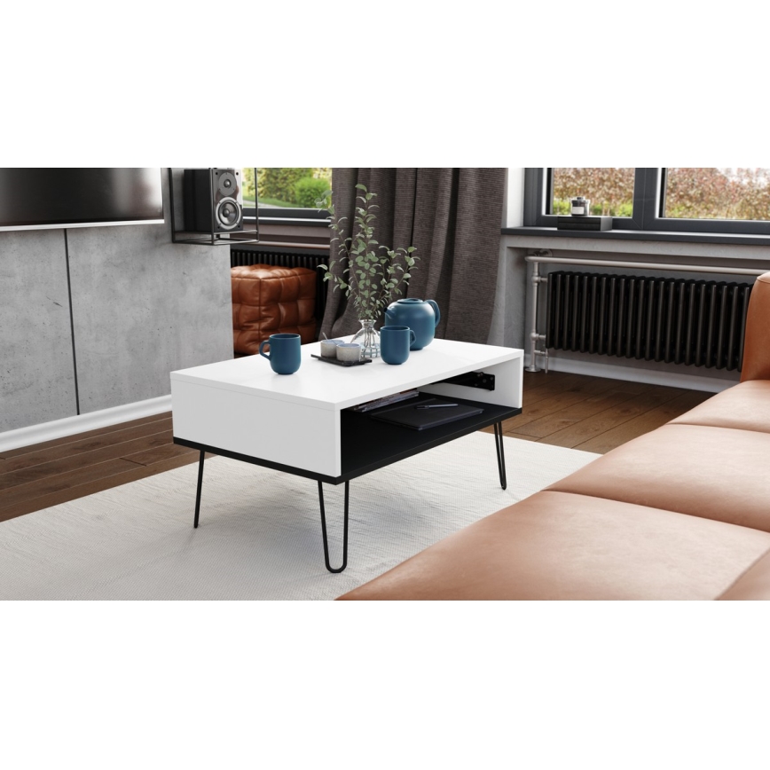 Salontafel met opklapbaar bovenblad en plank HALIJA wit/zwart