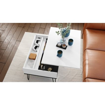 Salontafel met opklapbaar bovenblad en plank HALIJA wit/zwart