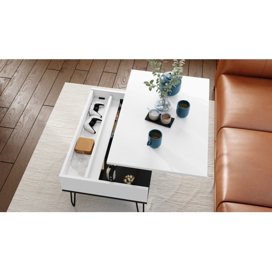 Salontafel met opklapbaar bovenblad en plank HALIJA wit/zwart