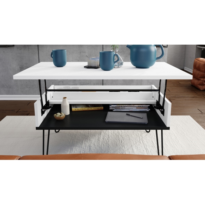 Salontafel met opklapbaar bovenblad en plank HALIJA wit/zwart