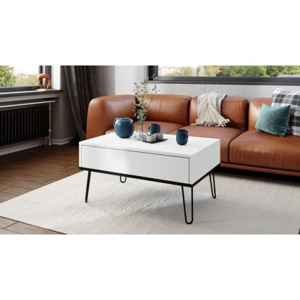 Salontafel met opklapbaar bovenblad en plank HALIJA wit/zwart
