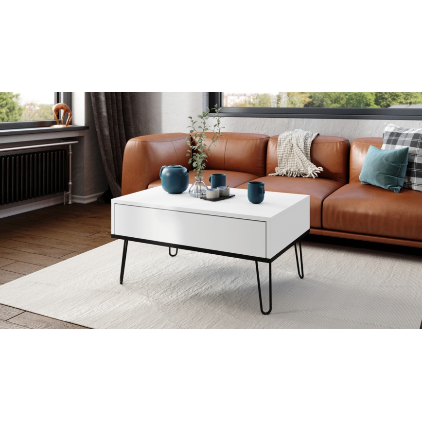 Salontafel met opklapbaar bovenblad en plank HALIJA wit/zwart