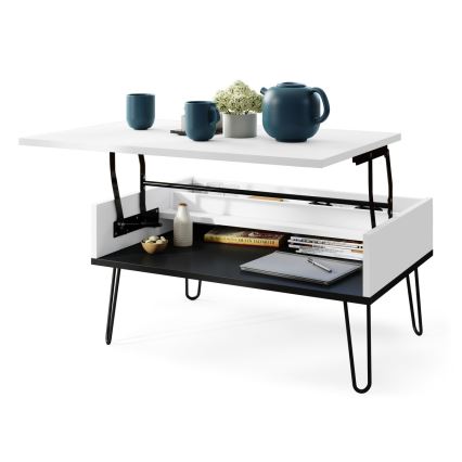 Salontafel met opklapbaar bovenblad en plank HALIJA wit/zwart