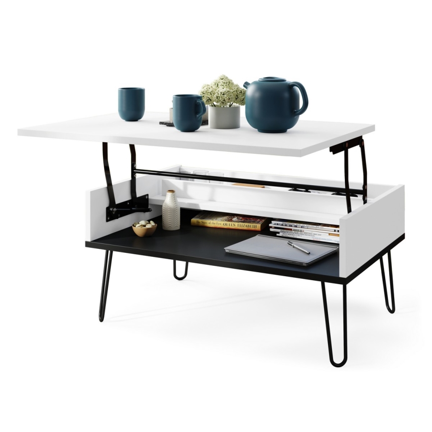 Salontafel met opklapbaar bovenblad en plank HALIJA wit/zwart