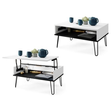 Salontafel met opklapbaar bovenblad en plank HALIJA wit/zwart
