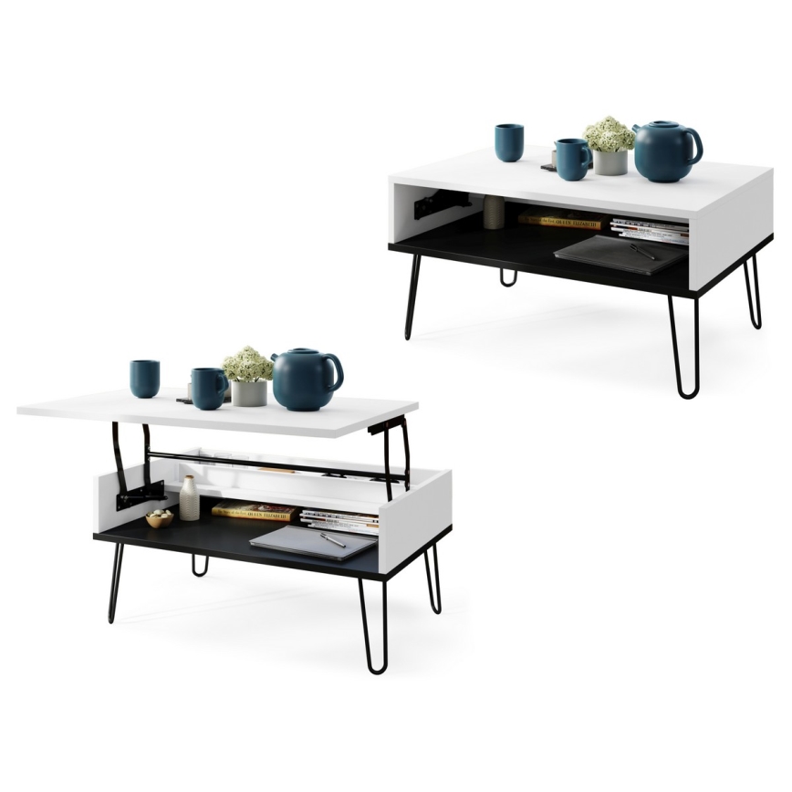 Salontafel met opklapbaar bovenblad en plank HALIJA wit/zwart