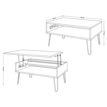 Salontafel met opklapbaar bovenblad en plank HALIJA wit/zwart
