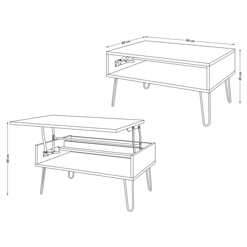 Salontafel met opklapbaar bovenblad en plank HALIJA wit/zwart