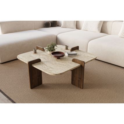 Salontafel PURO 90x90 cm travertijn/notenhout