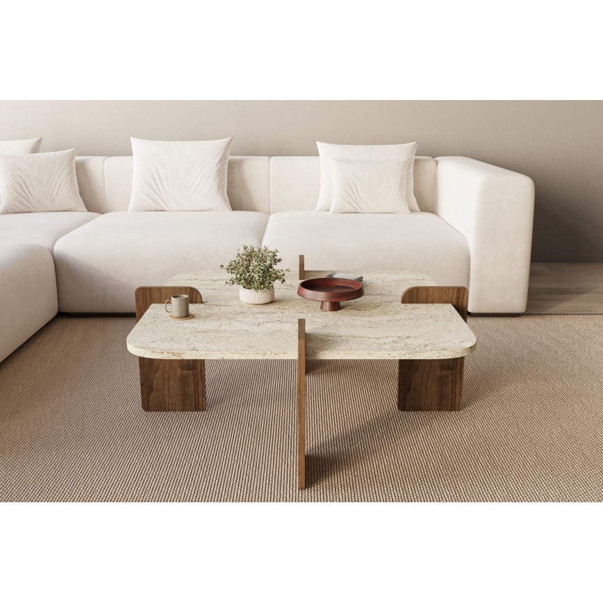 Salontafel PURO 90x90 cm travertijn/notenhout