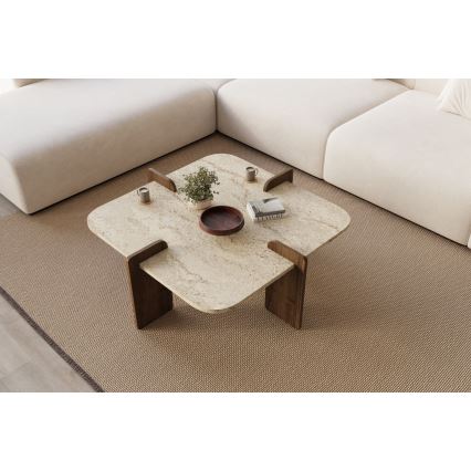 Salontafel PURO 90x90 cm travertijn/notenhout