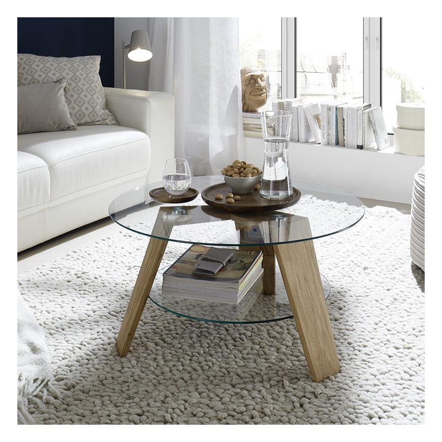 Salontafel TITAN Ø 75 cm, helder glas / eik