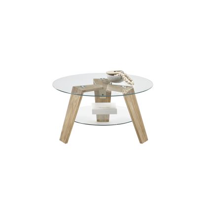 Salontafel TITAN Ø 75 cm, helder glas / eik