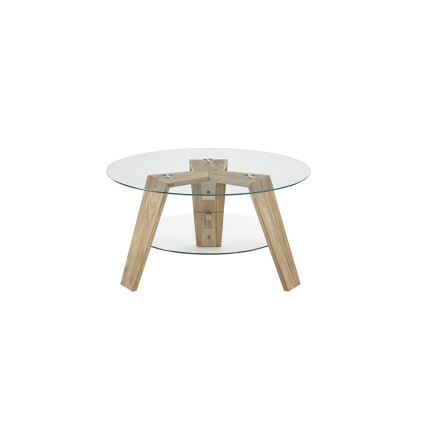 Salontafel TITAN Ø 75 cm, helder glas / eik
