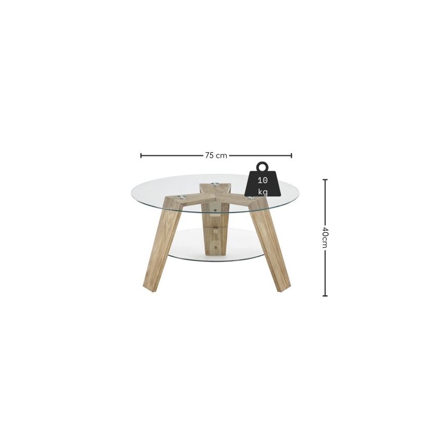 Salontafel TITAN Ø 75 cm, helder glas / eik