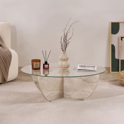 Salontafel VERE Ø 90 cm travertijn/helder