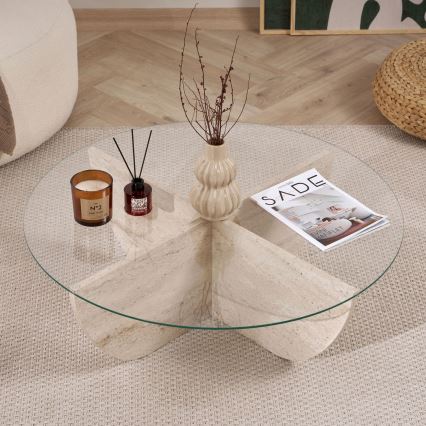 Salontafel VERE Ø 90 cm travertijn/helder