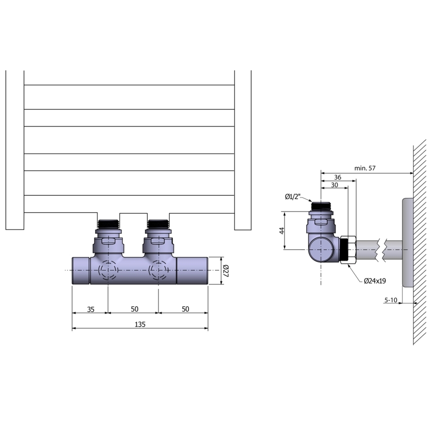 Sapho - Aansluitset ventielen voor middenaansluiting TWIN mat zwart
