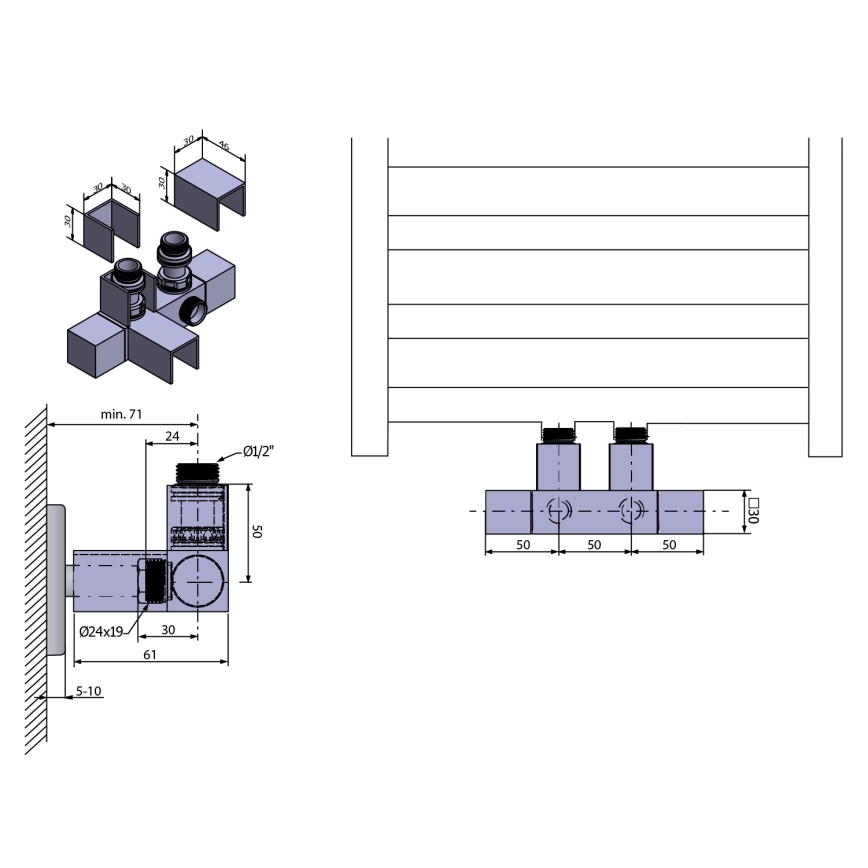 Sapho - Aansluitset voor ventielen voor middenaansluiting CUBE TWIN mat RVS