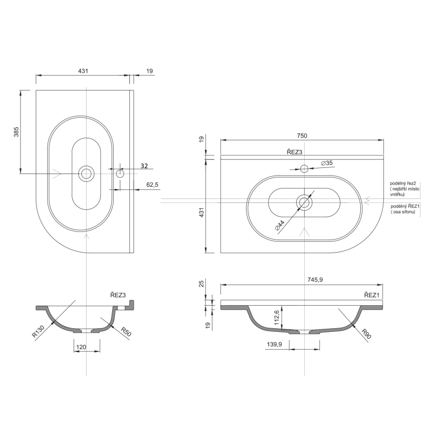 Sapho - Hoek-inbouwwastafel PULSE 75x43 cm marmer/wit