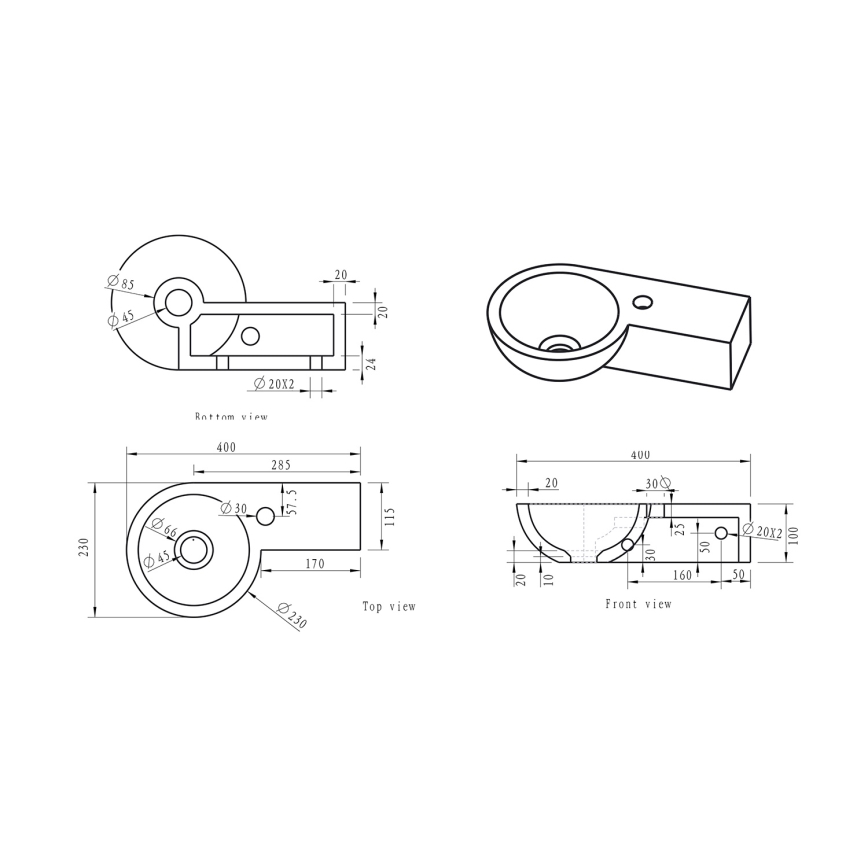Sapho - Hoekige wandwastafel BLOK 40x23 cm rechts/antraciet