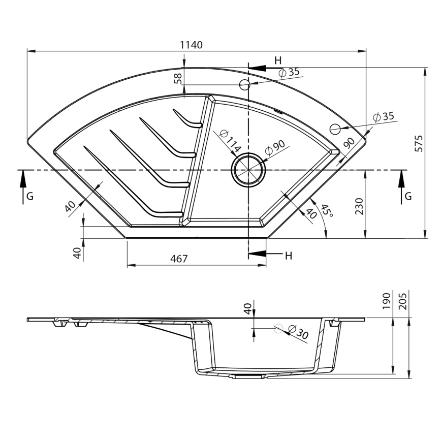 Sapho - Hoekspoelbak 114x57,5 cm graniet/zwart