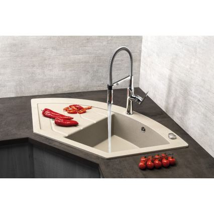 Sapho - Hoekspoelbak voor keuken 114 x 57,5 cm, graniet/beige