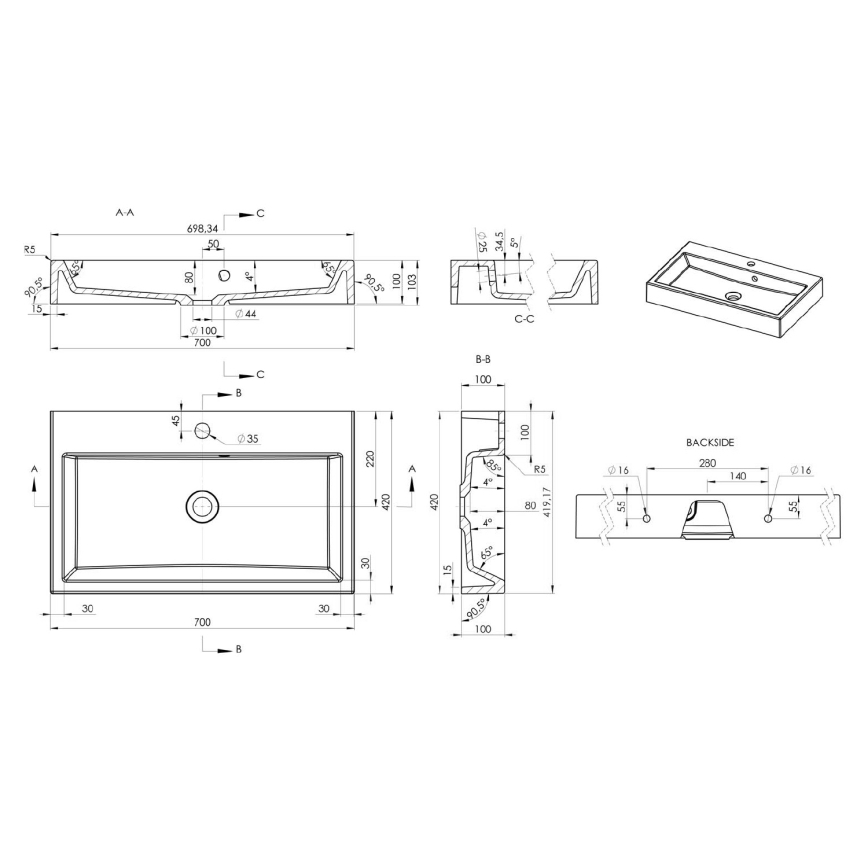 Sapho - Opbouwwastafel ORINOKO 70x42 cm marmer/wit