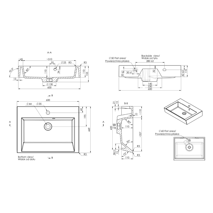 Sapho - Opzetwastafel ORINOKO 60x45 cm marmer/wit