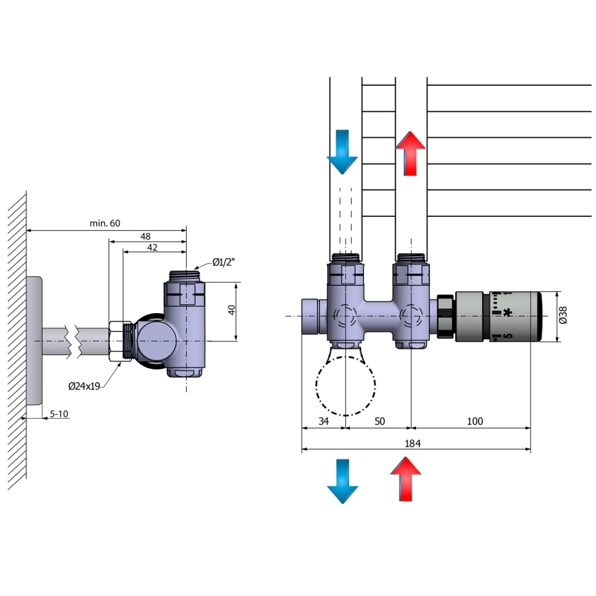 Sapho - Thermostatische aansluitset voor middenaansluiting TWIN COMBI rechts/glanzend chroom