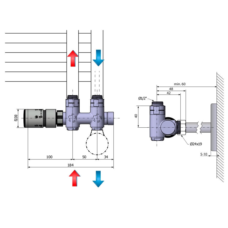 Sapho - Thermostatische aansluitset voor middenaansluiting TWIN COMBI links/glanzend chroom